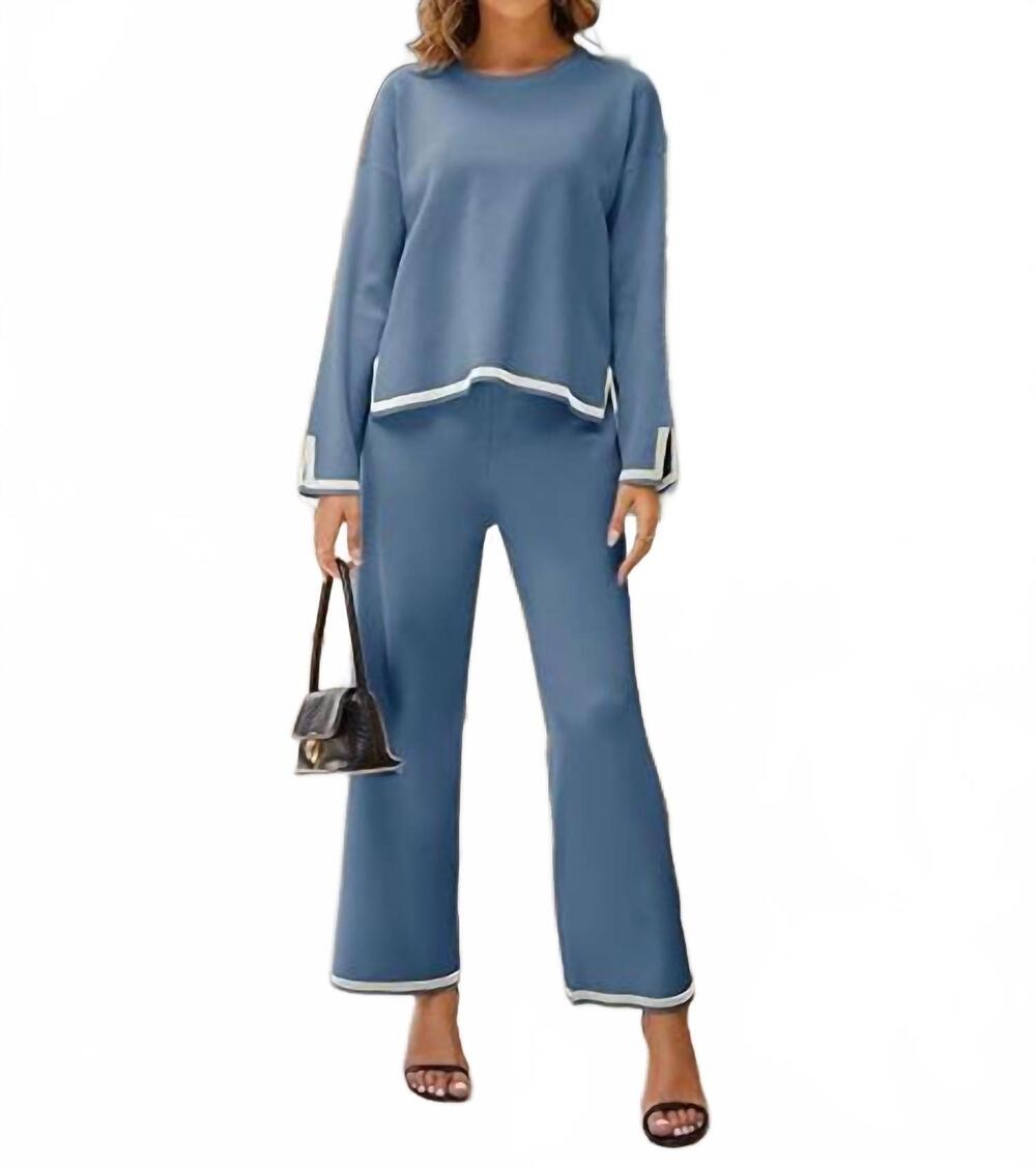 NEW FAIRE round neck sweater top and pants two piece set in blue
